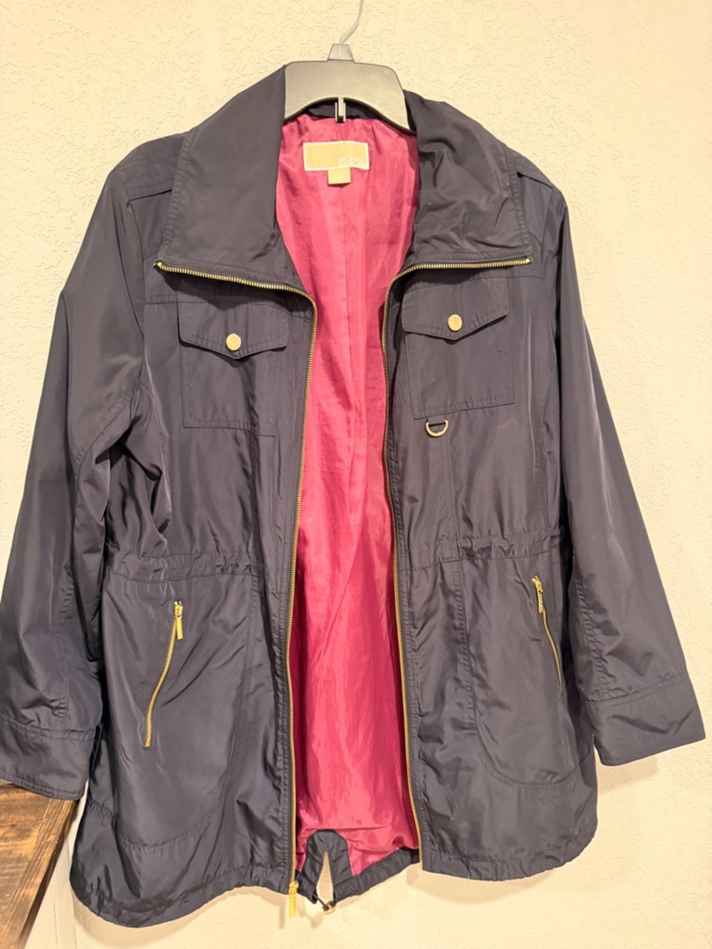Michael Kors Navy Utility Jacket with Pink Interior and Gold Hardware